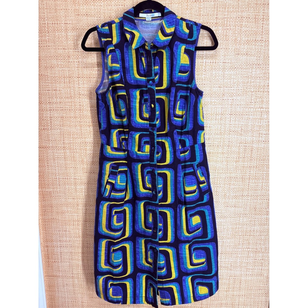 Boden Geometric Mod Print Sleeveless Cotton Shirt Dress Womens 6L Blue Yellow